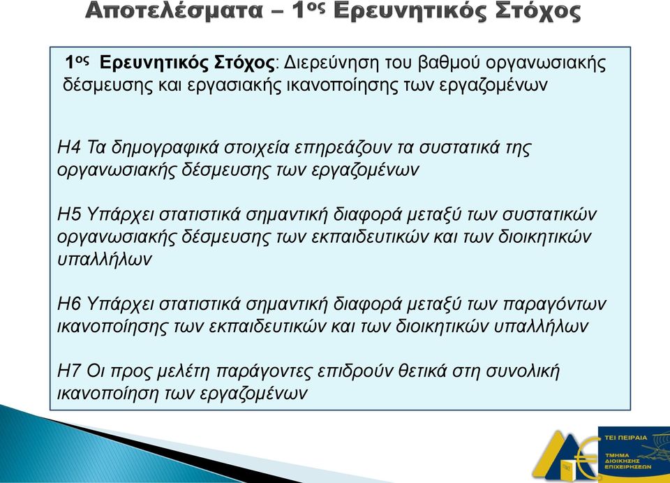 οργανωσιακής δέσμευσης των εκπαιδευτικών και των διοικητικών υπαλλήλων Η6 Υπάρχει στατιστικά σημαντική διαφορά μεταξύ των παραγόντων