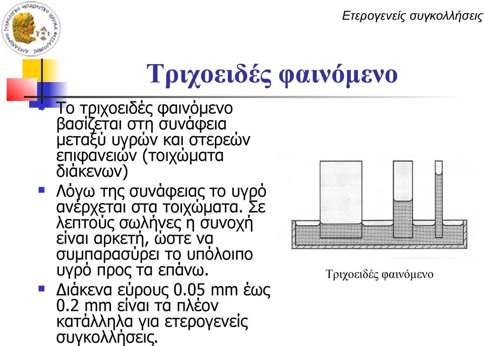 Σε λεπτούς σωλήνες η συνοχή είναι αρκετή, ώστε να συμπαρασύρει το υπόλοιπο υγρό προς τα επάνω.