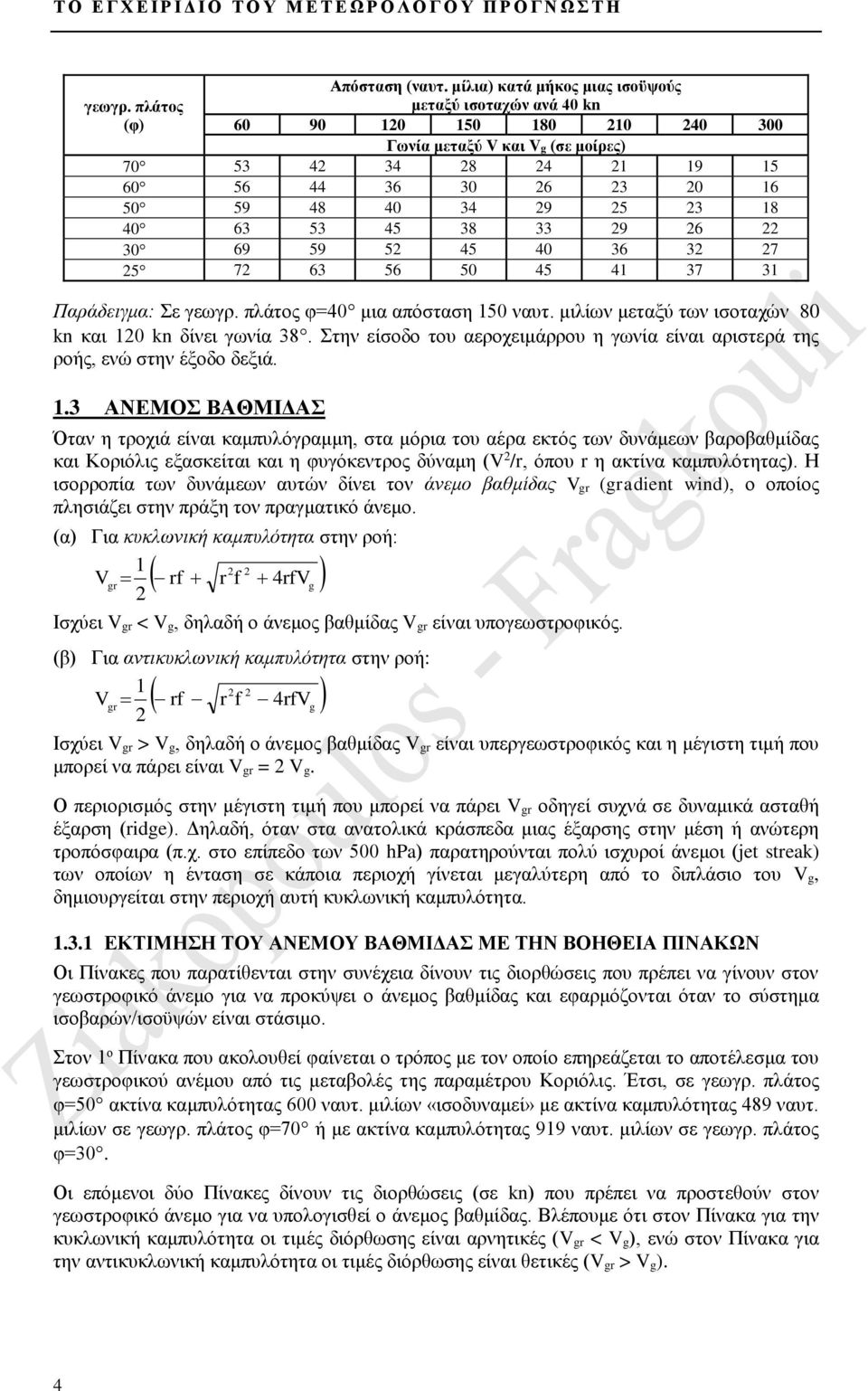 18 40 63 53 45 38 33 29 26 22 30 69 59 52 45 40 36 32 27 25 72 63 56 50 45 41 37 31 Παράδειγμα: Σε γεωγρ. πλάτος φ=40 μια απόσταση 150 ναυτ. μιλίων μεταξύ των ισοταχών 80 kn και 120 kn δίνει γωνία 38.