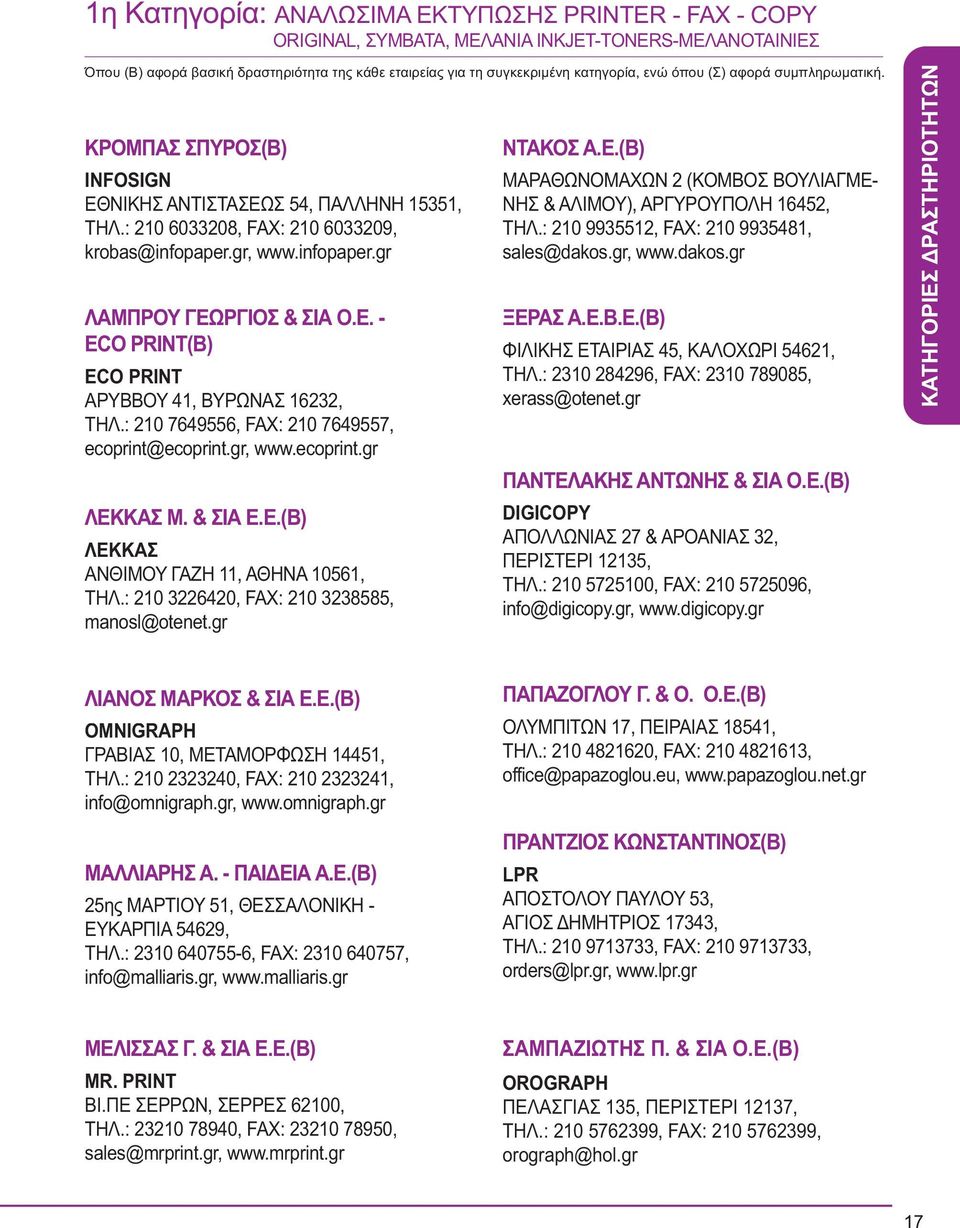 : 210 7649556, FAX: 210 7649557, ecoprint@ecoprint.gr, www.ecoprint.gr ΛΕΚΚΑΣ Μ. & ΣΙΑ Ε.Ε.(Β) ΛΕΚΚΑΣ ΑΝΘΙΜΟΥ ΓΑΖΗ 11, ΑΘΗΝΑ 10561, ΤΗΛ.: 210 3226420, FAX: 210 3238585, manosl@otenet.gr ΝΤΑΚΟΣ Α.Ε.(Β) ΜΑΡΑΘΩΝΟΜΑΧΩΝ 2 (ΚΟΜΒΟΣ ΒΟΥΛΙΑΓΜΕ- ΝΗΣ & ΑΛΙΜΟΥ), ΑΡΓΥΡΟΥΠΟΛΗ 16452, ΤΗΛ.