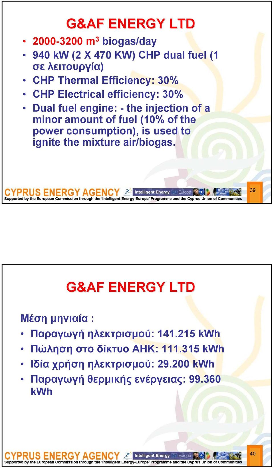 the power consumption), is used to ignite the mixture air/biogas.