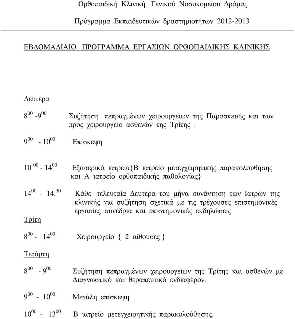 30 Κάθε τελευταία Δευτέρα του μήνα συνάντηση των Ιατρών της κλινικής για συζήτηση σχετικά με τις τρέχουσες επιστημονικές εργασίες συνέδρια και επιστημονικές εκδηλώσεις Τρίτη 8