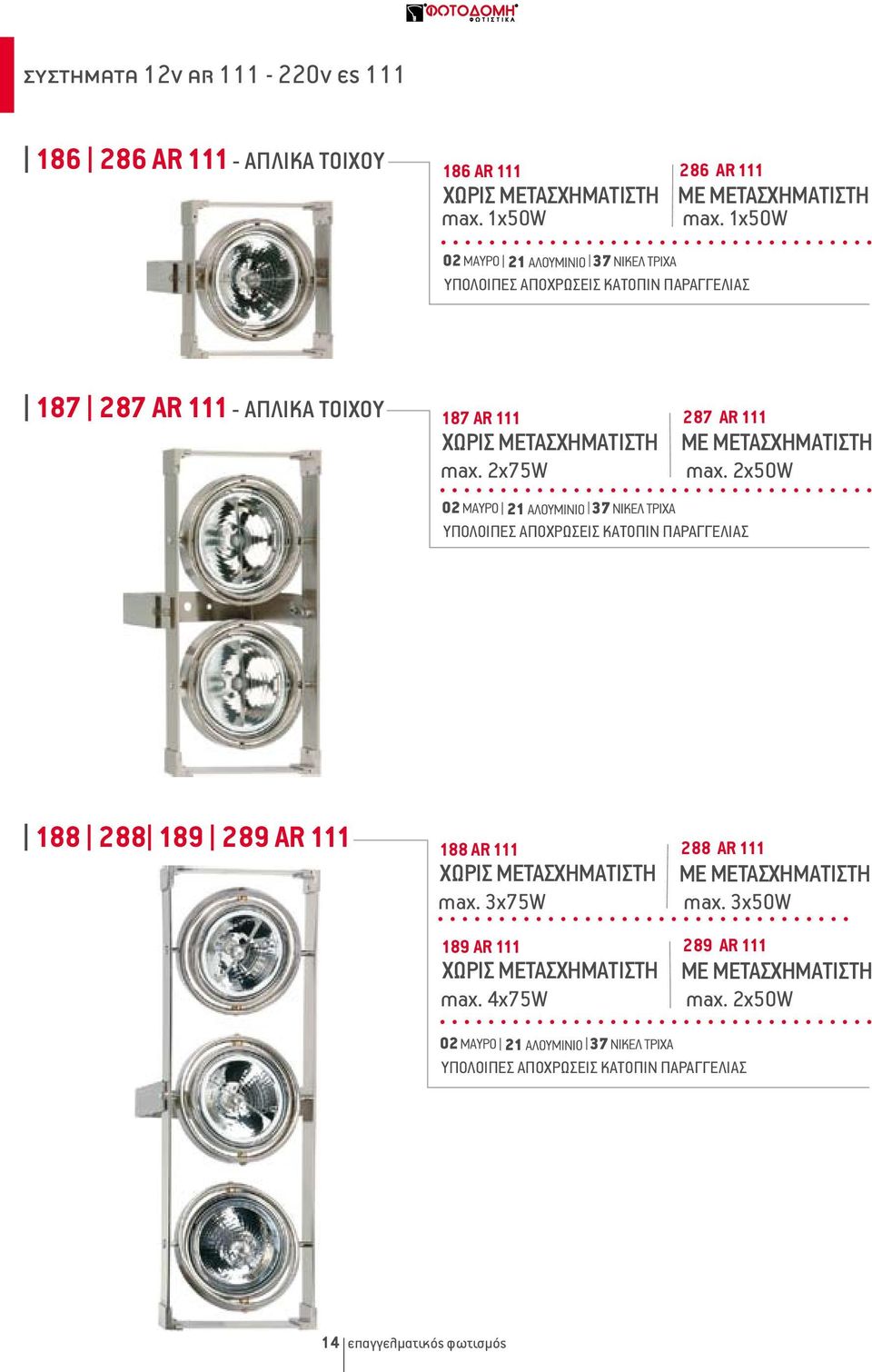 2χ75W 287 AR 111 ΜΕ ΜΕΤΑΣΧΗΜΑΤΙΣΤΗ max. 2χ50W ΥΠΟΛΟΙΠΕΣ ΑΠΟΧΡΩΣΕΙΣ ΚΑΤΟΠΙΝ ΠΑΡΑΓΓΕΛΙΑΣ 188 288 189 289 ΑR 111 188 AR 111 ΧΩΡΙΣ ΜΕΤΑΣΧΗΜΑΤΙΣΤΗ max.