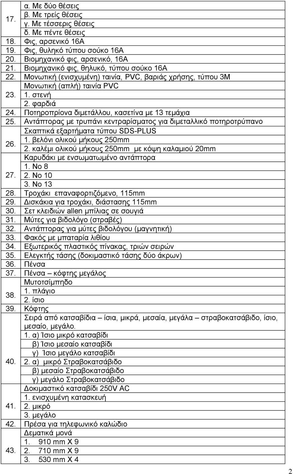 Ποτηροπρίονα διμετάλλου, κασετίνα με 13 τεμάχια 25. Αντάπτορας με τρυπάνι κεντραρίσματος για διμεταλλικό ποτηροτρύπανο Σκαπτικά εξαρτήματα τύπου SDS-PLUS 26. 1. βελόνι ολικού μήκους 250mm 2.