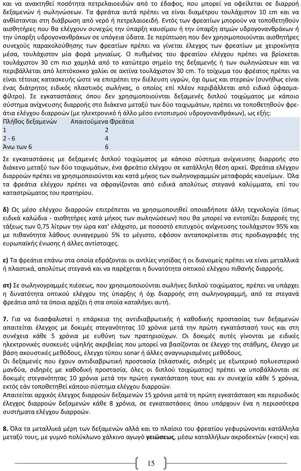 Εντός των φρεατίων μπορούν να τοποθετηθούν αισθητήρες που θα ελέγχουν συνεχώς την ύπαρξη καυσίμου ή την ύπαρξη ατμών υδρογονανθράκων ή την ύπαρξη υδρογονανθράκων σε υπόγεια ύδατα.