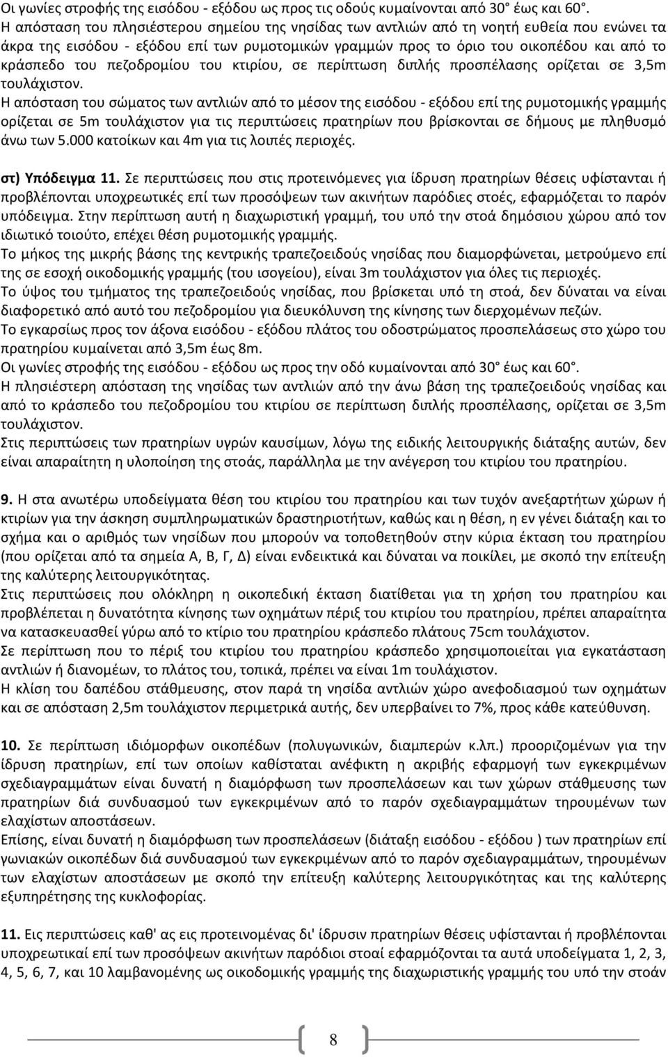 πεζοδρομίου του κτιρίου, σε περίπτωση διπλής προσπέλασης ορίζεται σε 3,5m τουλάχιστον.