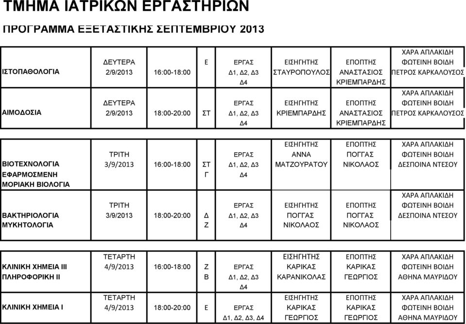 ΕΡΓΑΣ ΑΝΝΑ ΠΟΓΓΑΣ ΦΩΤΕΙΝΗ ΒΟΙΔΗ ΒΙΟΤΕΧΝΟΛΟΓΙΑ 3/9/2013 16:00-18:00 ΣΤ Δ1, Δ2, Δ3 ΜΑΤΖΟΥΡΑΤΟΥ ΝΙΚΟΛΑΟΣ ΔΕΣΠΟΙΝΑ ΝΤΕΣΟΥ ΕΦΑΡΜΟΣΜΕΝΗ Γ Δ4 ΜΟΡΙΑΚΗ ΒΙΟΛΟΓΙΑ ΤΡΙΤΗ ΕΡΓΑΣ ΕΙΣΗΓΗΤΗΣ ΕΠΟΠΤΗΣ ΦΩΤΕΙΝΗ ΒΟΙΔΗ