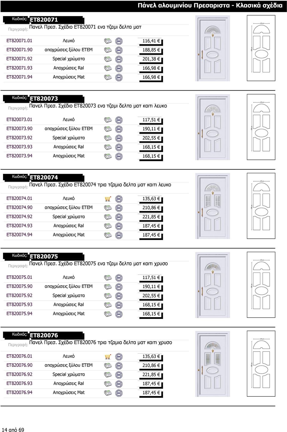 01 Λευκό 117,51 ET820073.90 αποχρώσεις ξύλου ΕΤΕΜ 190,11 ET820073.92 Special χρώµατα 202,55 ET820073.93 Αποχρώσεις Ral 168,15 ET820073.94 Αποχρώσεις Mat 168,15 ET820074 Πανελ Πρεσ.