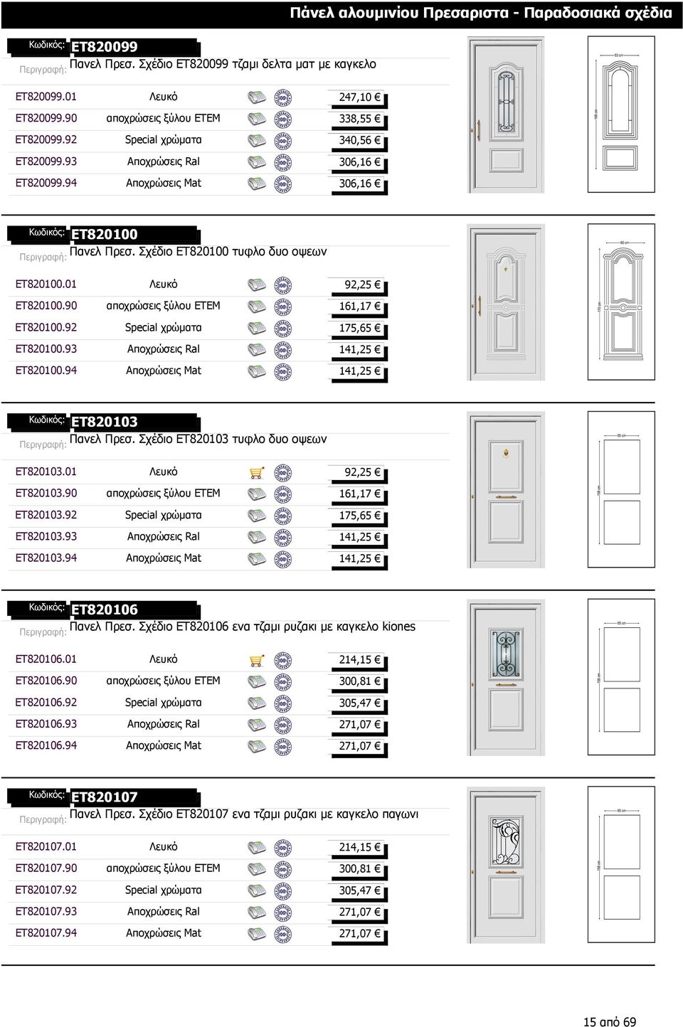 90 αποχρώσεις ξύλου ΕΤΕΜ 161,17 ET820100.92 Special χρώµατα 175,65 ET820100.93 Αποχρώσεις Ral ET820100.94 Αποχρώσεις Mat ET820103 Πανελ Πρεσ. Σχέδιο ET820103 τυφλο δυο οψεων ET820103.