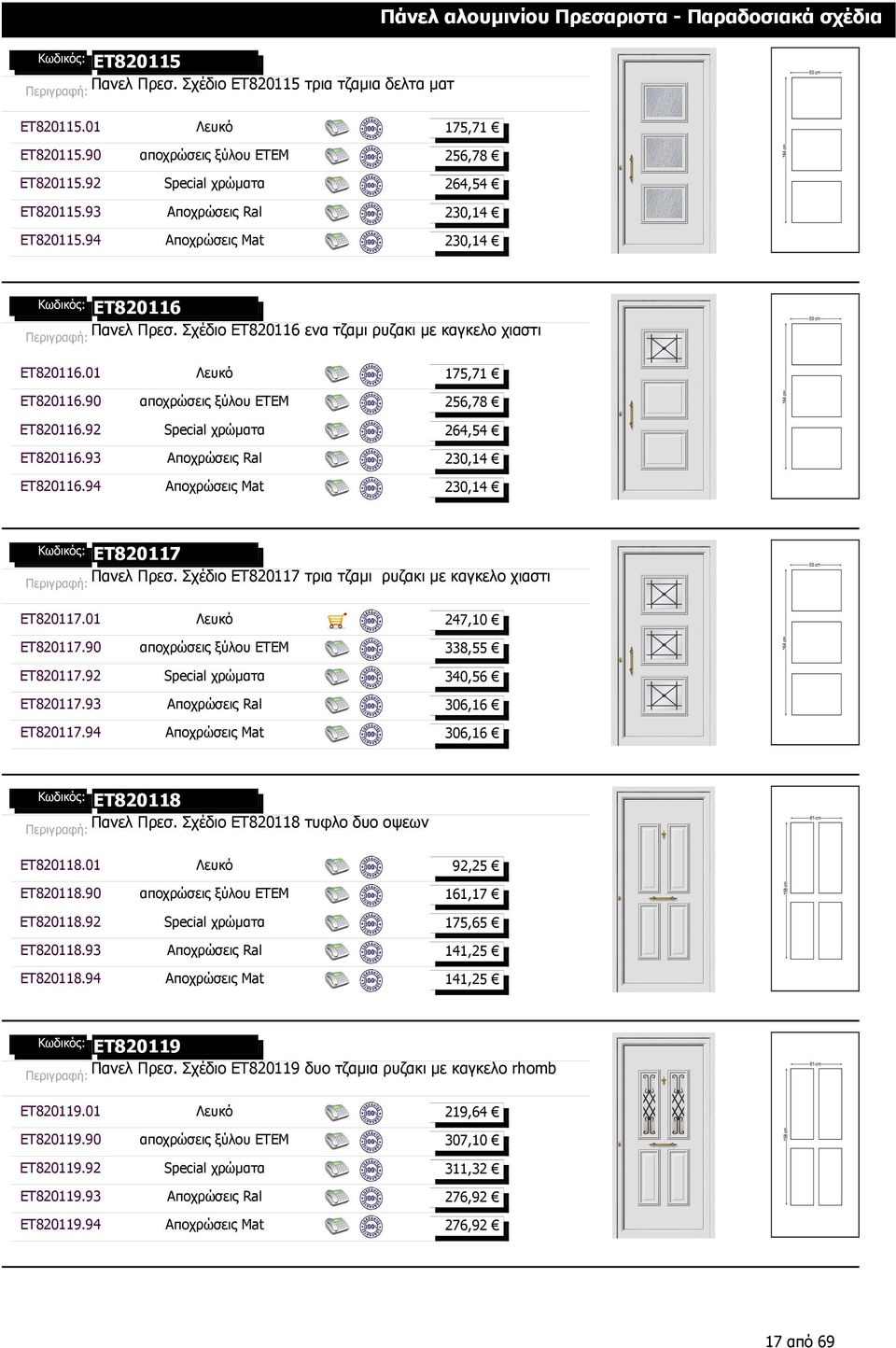01 Λευκό 175,71 ET820116.90 αποχρώσεις ξύλου ΕΤΕΜ 256,78 ET820116.92 Special χρώµατα 264,54 ET820116.93 Αποχρώσεις Ral 230,14 ET820116.94 Αποχρώσεις Mat 230,14 ET820117 Πανελ Πρεσ.
