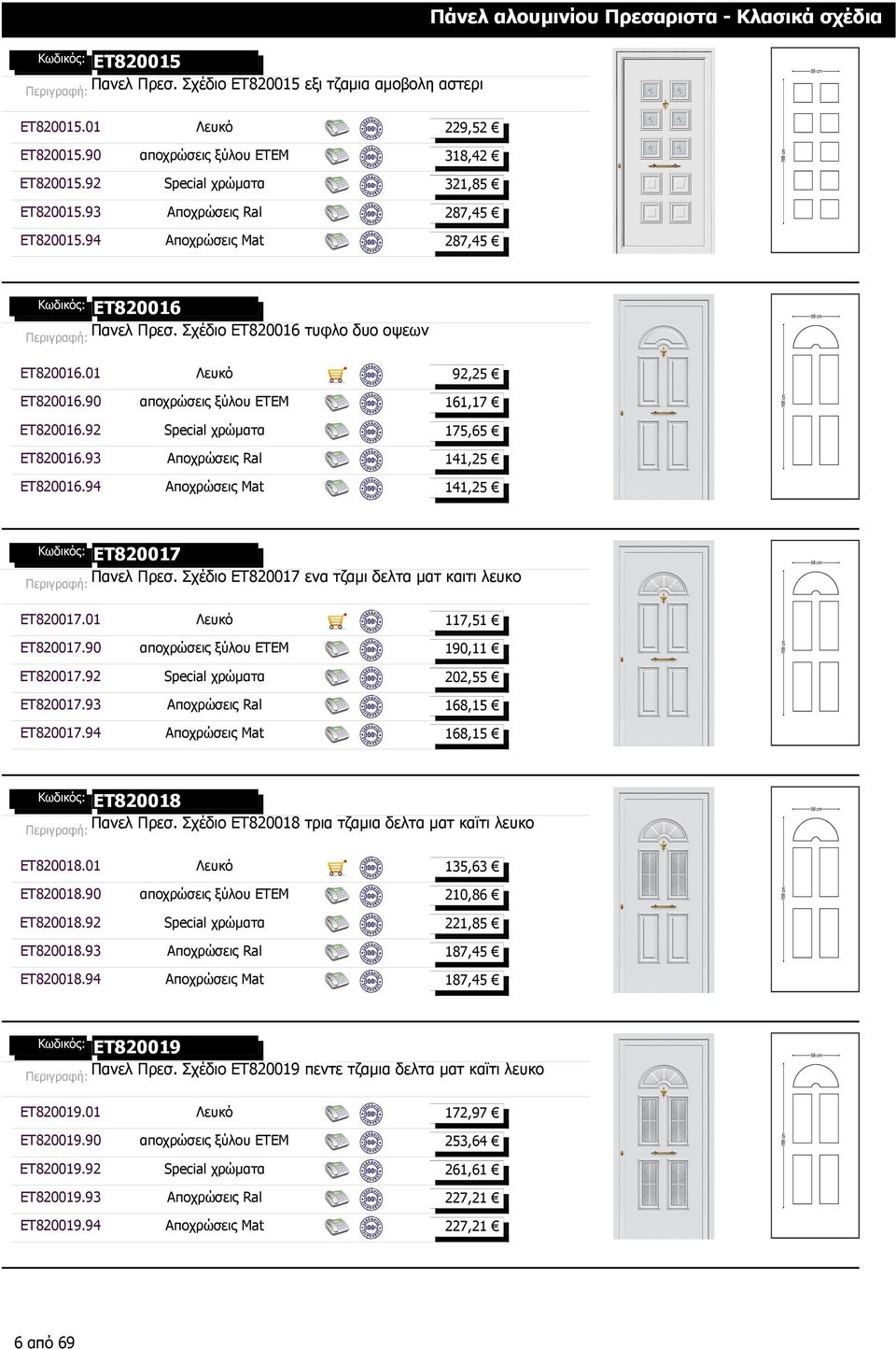 90 αποχρώσεις ξύλου ΕΤΕΜ 161,17 ET820016.92 Special χρώµατα 175,65 ET820016.93 Αποχρώσεις Ral ET820016.94 Αποχρώσεις Mat ET820017 Πανελ Πρεσ. Σχέδιο ET820017 ενα τζαµι δελτα µατ καιτι λευκο ET820017.