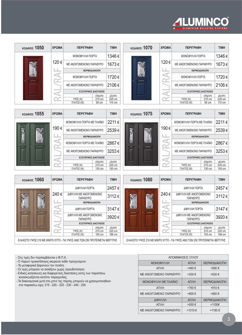 2106 ΕΞΩΤΕΡΙΚΕΣ ΔΙΑΣΤΑΣΕΙΣ ελάχιστο μέγιστο ΥΨΟΣ (H): 215 cm 225 cm ΠΛΑΤΟΣ (W): 80 cm 110 cm : 1055 ΧΡΩΜΑ ΠΕΡΙΓΡΑΦΗ TIMH : 1075 ΧΡΩΜΑ ΠΕΡΙΓΡΑΦΗ TIMH ΜΟΝΟΦΥΛΛΗ ΠΟΡΤΑ ΜΕ ΠΛΑΪΝΟ 2211 ΜΟΝΟΦΥΛΛΗ ΠΟΡΤΑ ΜΕ