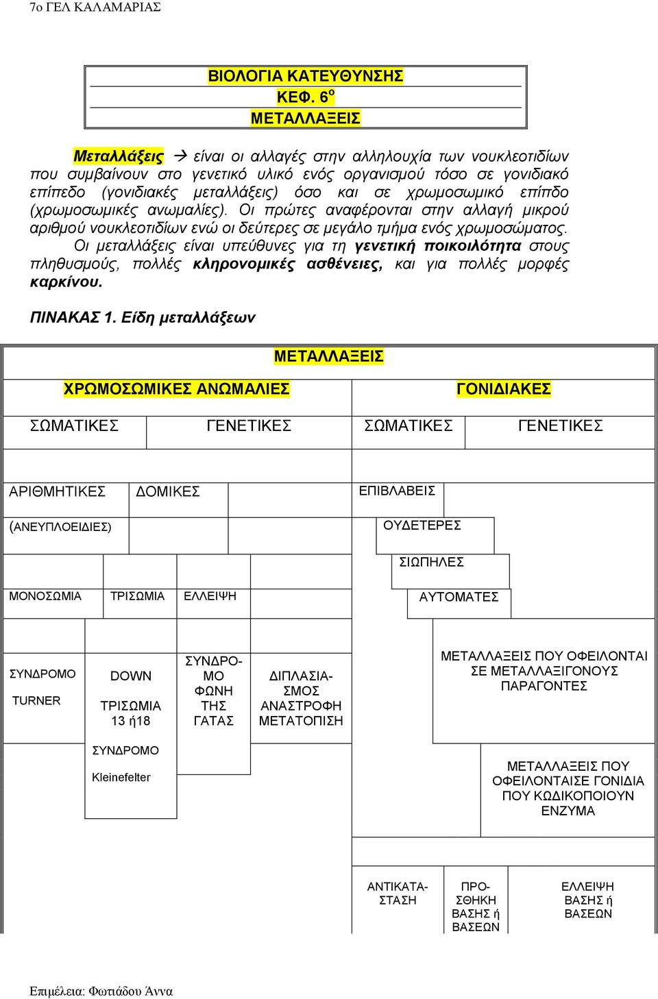 χρωμοσωμικό επίπδο (χρωμοσωμικές ανωμαλίες). Οι πρώτες αναφέρονται στην αλλαγή μικρού αριθμού νουκλεοτιδίων ενώ οι δεύτερες σε μεγάλο τμήμα ενός χρωμοσώματος.