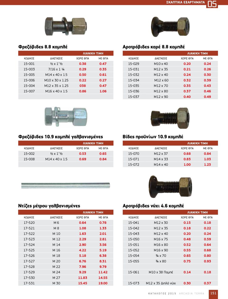 37 0.46 15-037 Μ12 x 90 0.40 0.49 Φρεζόβιδες 10.9 κομπλέ γαλβανισμένες 15-002 ½ x 1''½ 0.53 0.65 15-008 M14 x 40 x 1.5 0.69 0.84 Βίδες προϋνίων 10.9 κομπλέ 15-070 Μ12 x 37 0.68 0.84 15-071 Μ14 x 33 0.