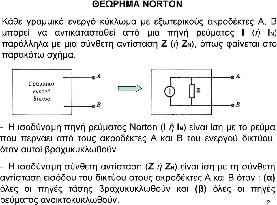 - Η ισοδύναμη πηγή ρεύματος Norton (I ή IN) είναι ίση με το ρεύμα που περνάει από τους ακροδέκτες Α και Β του ενεργού δικτύου, όταν αυτοί