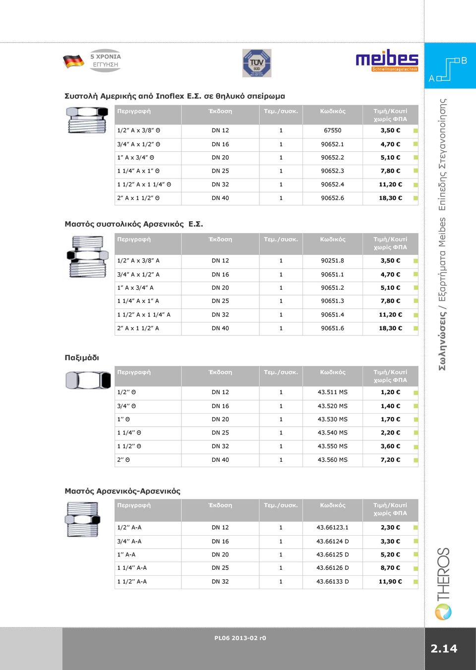 4 11,20 2 x 1 1/2 Θ DN 40 1 90652.6 18,30 Μαστός συστολικός ρσενικός Ε.Σ. Περιγραφή Έκδοση Τεμ./συσκ. Kωδικός Τιμή/Κουτί χωρίς ΦΠ 1/2 x 3/8 DN 12 1 90251.8 3,50 3/4 x 1/2 DN 16 1 90651.