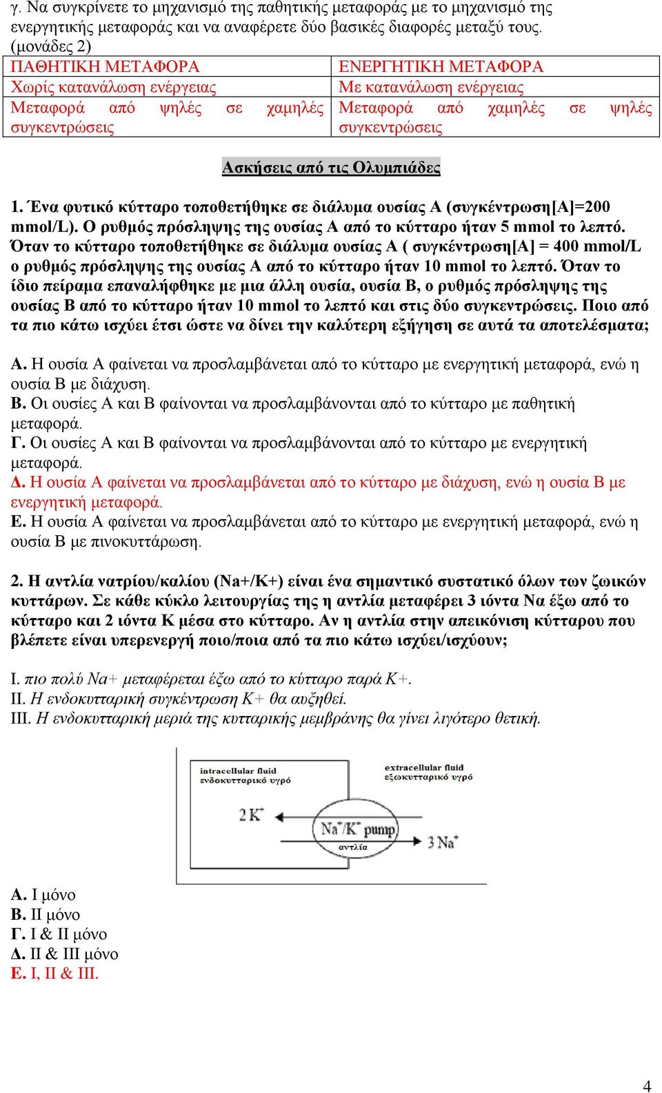 ψηλές συγκεντρώσεις 1. Ένα φυτικό κύτταρο τοποθετήθηκε σε διάλυμα ουσίας Α (συγκέντρωση[α]=200 mmol/l). Ο ρυθμός πρόσληψης της ουσίας Α από το κύτταρο ήταν 5 mmol το λεπτό.
