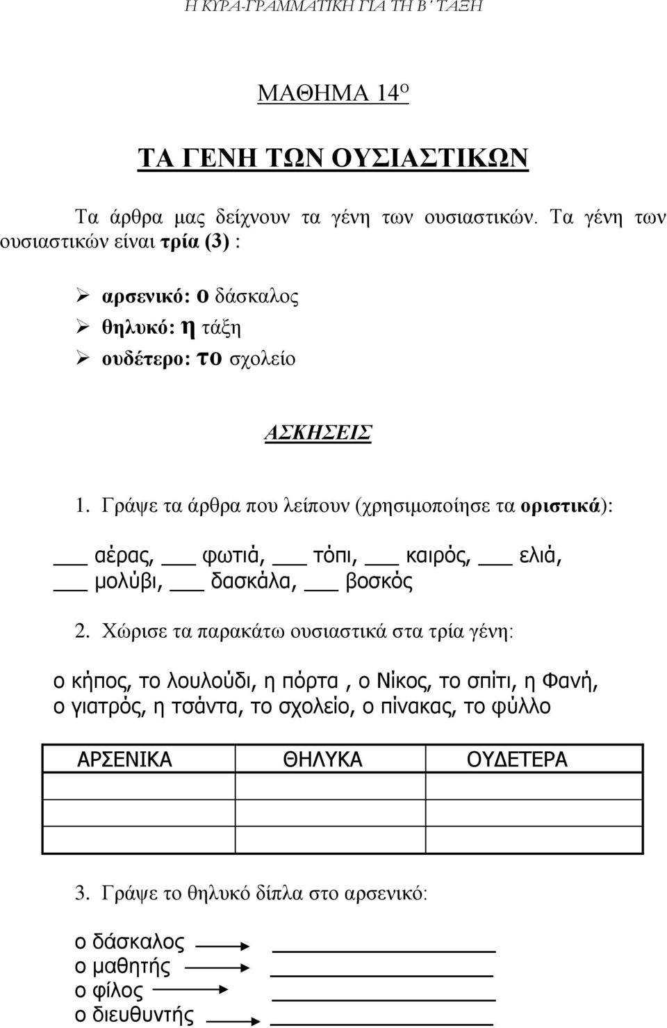 Γράψε τα άρθρα που λείπουν (χρησιμοποίησε τα οριστικά): αέρας, φωτιά, τόπι, καιρός, ελιά, μολύβι, δασκάλα, βοσκός 2.