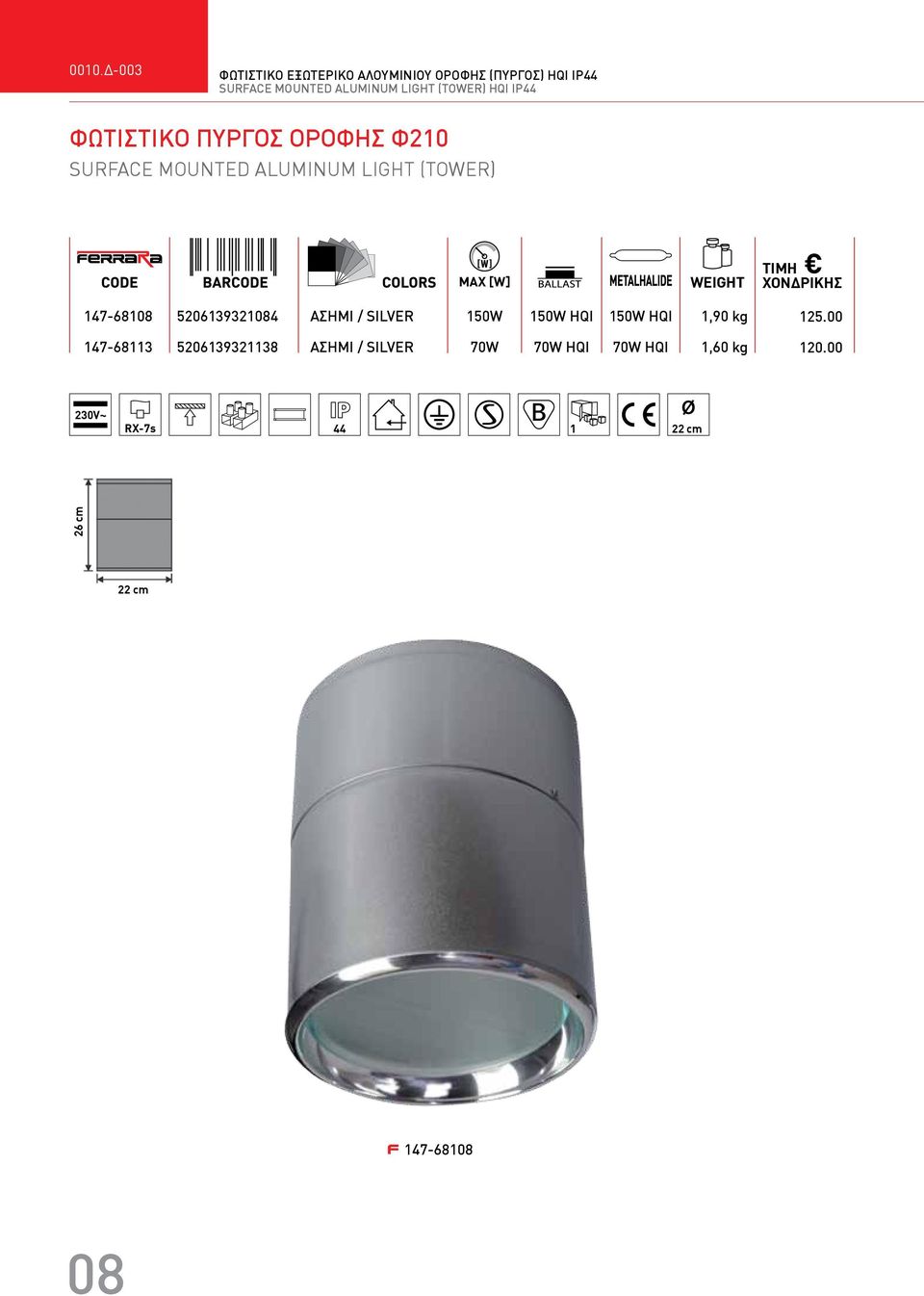 WEIGHT 147-68108 5206139321084 ΑΣΗΜΙ / SILVER 150W 150W HQI 150W HQI 1,90 kg 125.