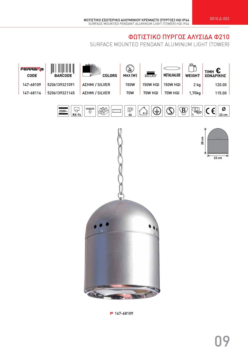 Δ-002 ΦΩΤΙΣΤΙΚΟ ΠΥΡΓΟΣ ΑΛΥΣΙΔΑ Φ210 SURFACE MOUNTED PENDANT ALUMINUM LIGHT (TOWER) MAX [W] WEIGHT