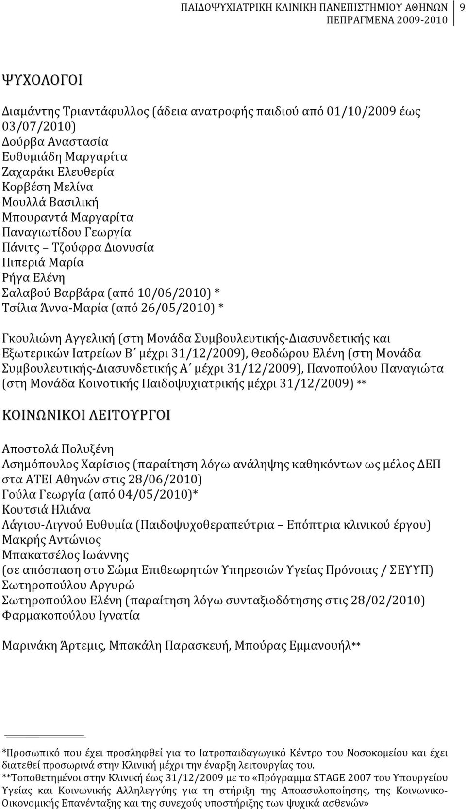 Διασυνδετικής και Εξωτερικών Ιατρείων Β μέχρι 31/12/2009), Θεοδώρου Ελένη (στη Μονάδα Συμβουλευτικής Διασυνδετικής Α μέχρι 31/12/2009), Πανοπούλου Παναγιώτα (στη Μονάδα Κοινοτικής Παιδοψυχιατρικής