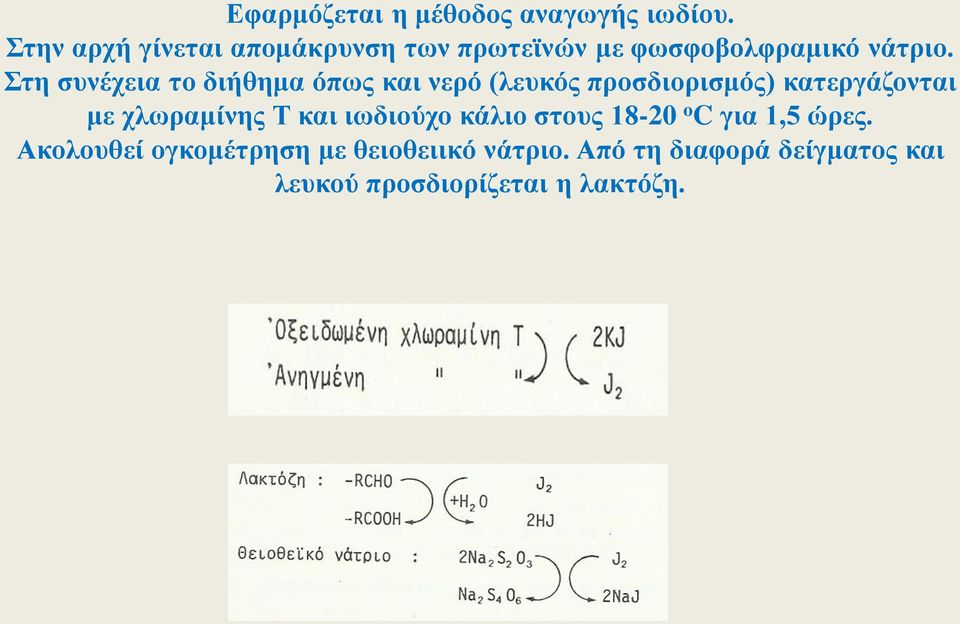 Στη συνέχεια το διήθημα όπως και νερό (λευκός προσδιορισμός) κατεργάζονται με χλωραμίνης