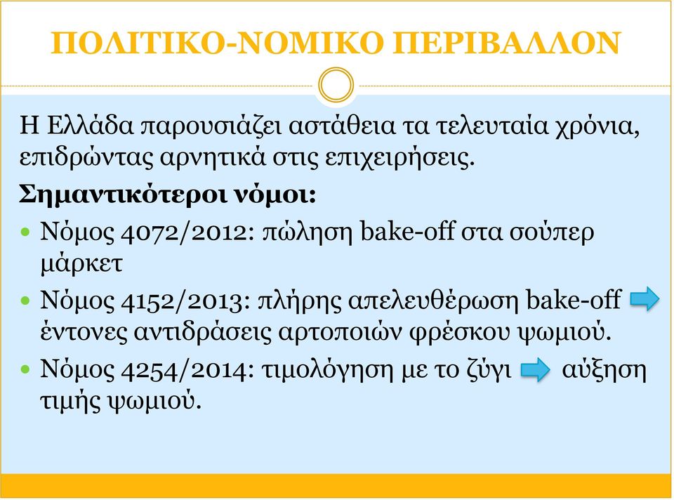 Σημαντικότεροι νόμοι: Νόμος 4072/2012: πώληση bake-off στα σούπερ μάρκετ Νόμος