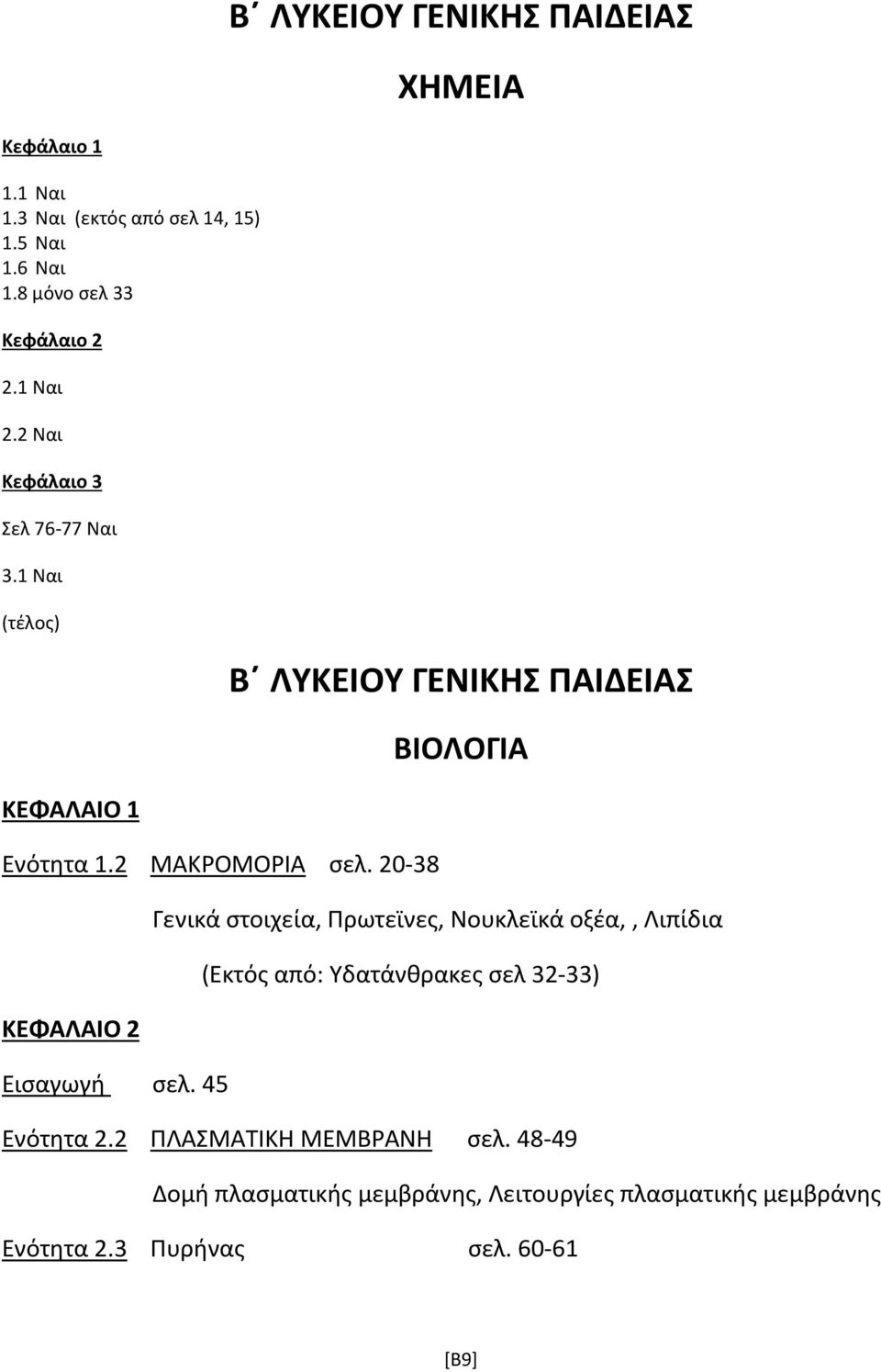 45 Β ΛΥΚΕΙΟΥ ΓΕΝΙΚΗΣ ΠΑΙΔΕΙΑΣ ΒΙΟΛΟΓΙΑ Γενικά στοιχεία, Πρωτεϊνες, Νουκλεϊκά οξέα,, Λιπίδια (Εκτός από: Υδατάνθρακες σελ 32-33)