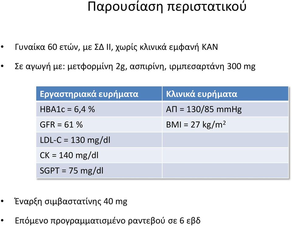 HBA1c = 6,4 % ΑΠ = 130/85 mmhg GFR = 61 % BMI = 27 kg/m 2 LDL-C = 130 mg/dl CK = 140