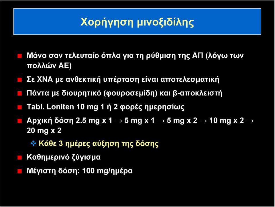 β-αποκλειστή Tabl. Loniten 10 mg 1 ή 2 φορές ημερησίως Αρχική δόση 2.