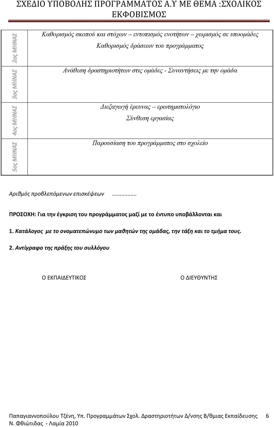 προγράµµατος στο σχολείο Αριθμός προβλεπόμενων επισκέψεων... ΠΡΟΣΟΧΗ: Για την έγκριση του προγράμματος μαζί με το έντυπο υποβάλλονται και 1.