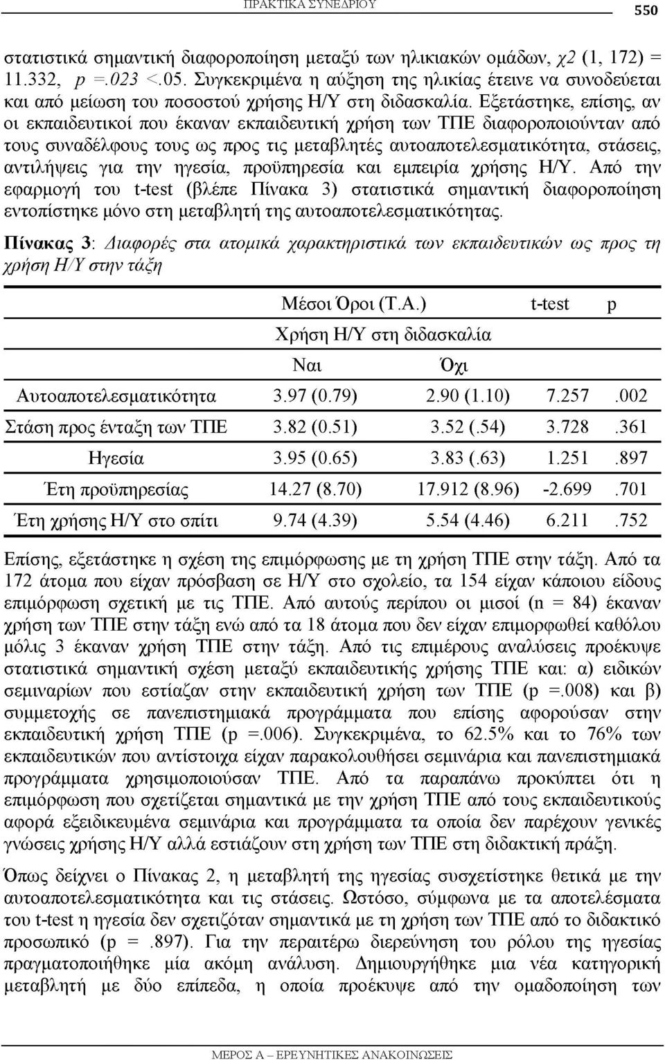 Εξετάστηκε, επίσης, αν οι εκπαιδευτικοί που έκαναν εκπαιδευτική χρήση των ΤΠΕ διαφοροποιούνταν από τους συναδέλφους τους ως προς τις μεταβλητές αυτοαποτελεσματικότητα, στάσεις, αντιλήψεις για την