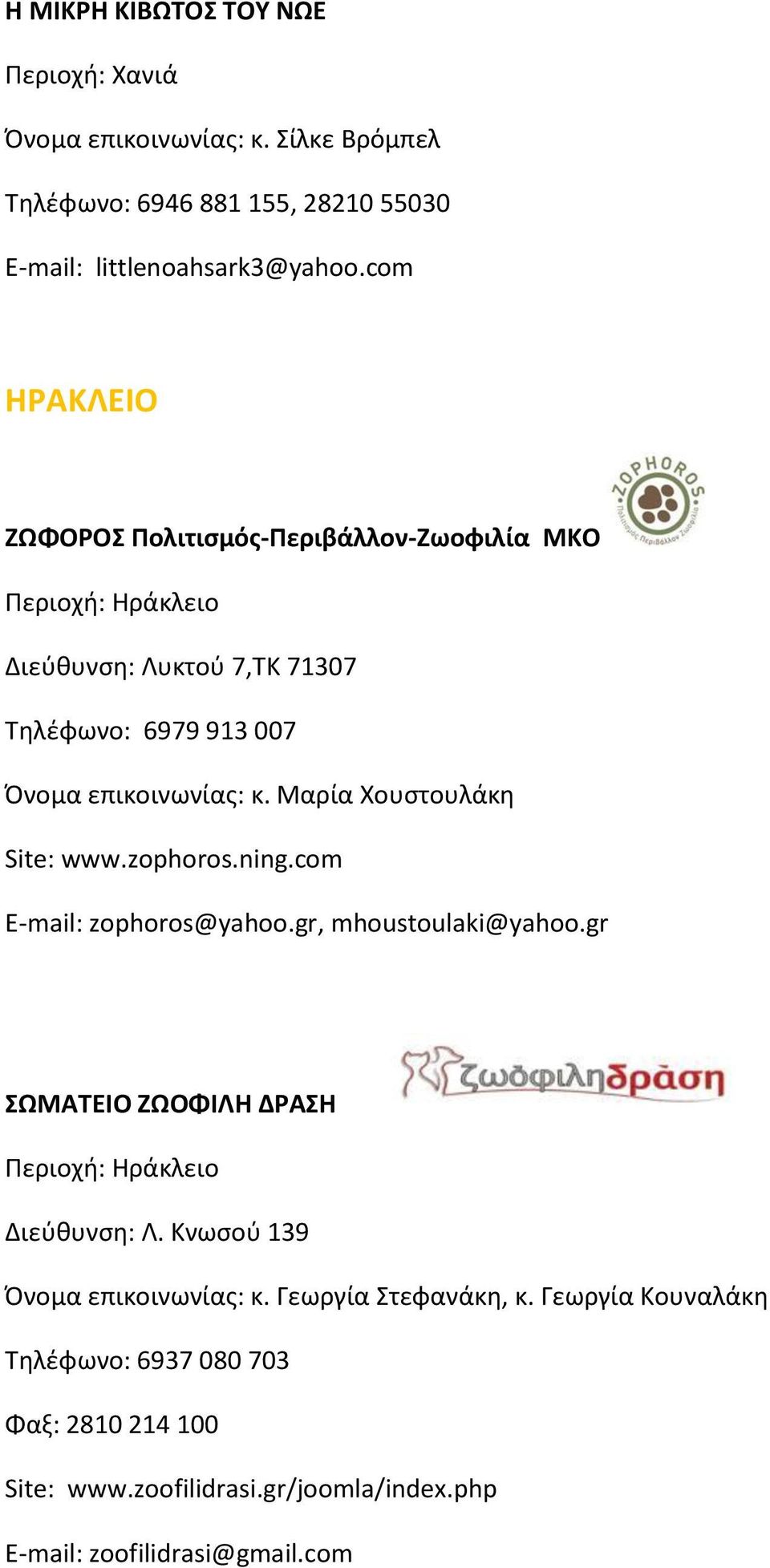 Μαρία Χουστουλάκη Site: www.zophoros.ning.com E-mail: zophoros@yahoo.gr, mhoustoulaki@yahoo.gr ΣΩΜΑΤΕΙΟ ΖΩΟΦΙΛΗ ΔΡΑΣΗ Περιοχή: Ηράκλειο Διεύθυνση: Λ.