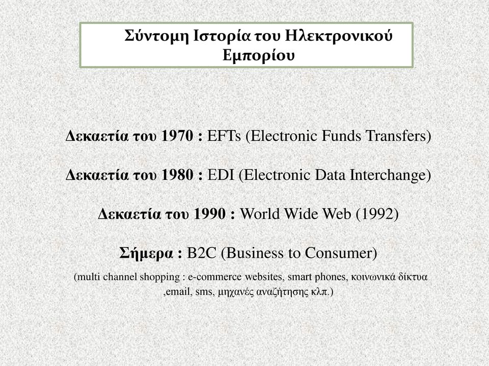 World Wide Web (1992) Σήμερα : B2C (Business to Consumer) (multi channel shopping :