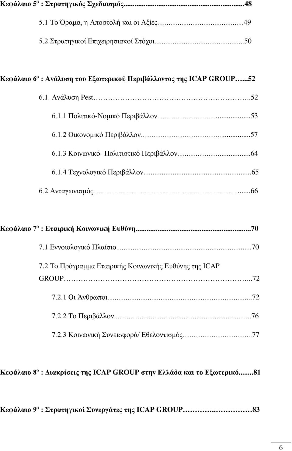 ..64 6.1.4 Τεχνολογικό Περιβάλλον...65 6.2 Ανταγωνισμός...66 Κεφάλαιο 7 ο : Εταιρική Κοινωνική Ευθύνη...70 7.1 Εννοιολογικό Πλαίσιο...70 7.2 To Πρόγραμμα Εταιρικής Κοινωνικής Ευθύνης της ICAP GROUP.