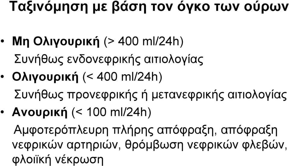 μετανεφρικής αιτιολογίας Ανουρική (< 100 ml/24h) Αμφοτερόπλευρη πλήρης