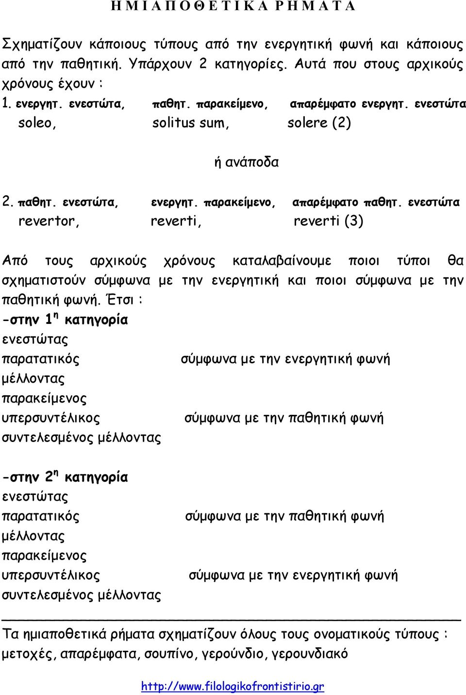 ενεστώτα revertor, reverti, reverti (3) Από τους αρχικούς χρόνους καταλαβαίνουμε ποιοι τύποι θα σχηματιστούν σύμφωνα με την ενεργητική και ποιοι σύμφωνα με την παθητική φωνή.