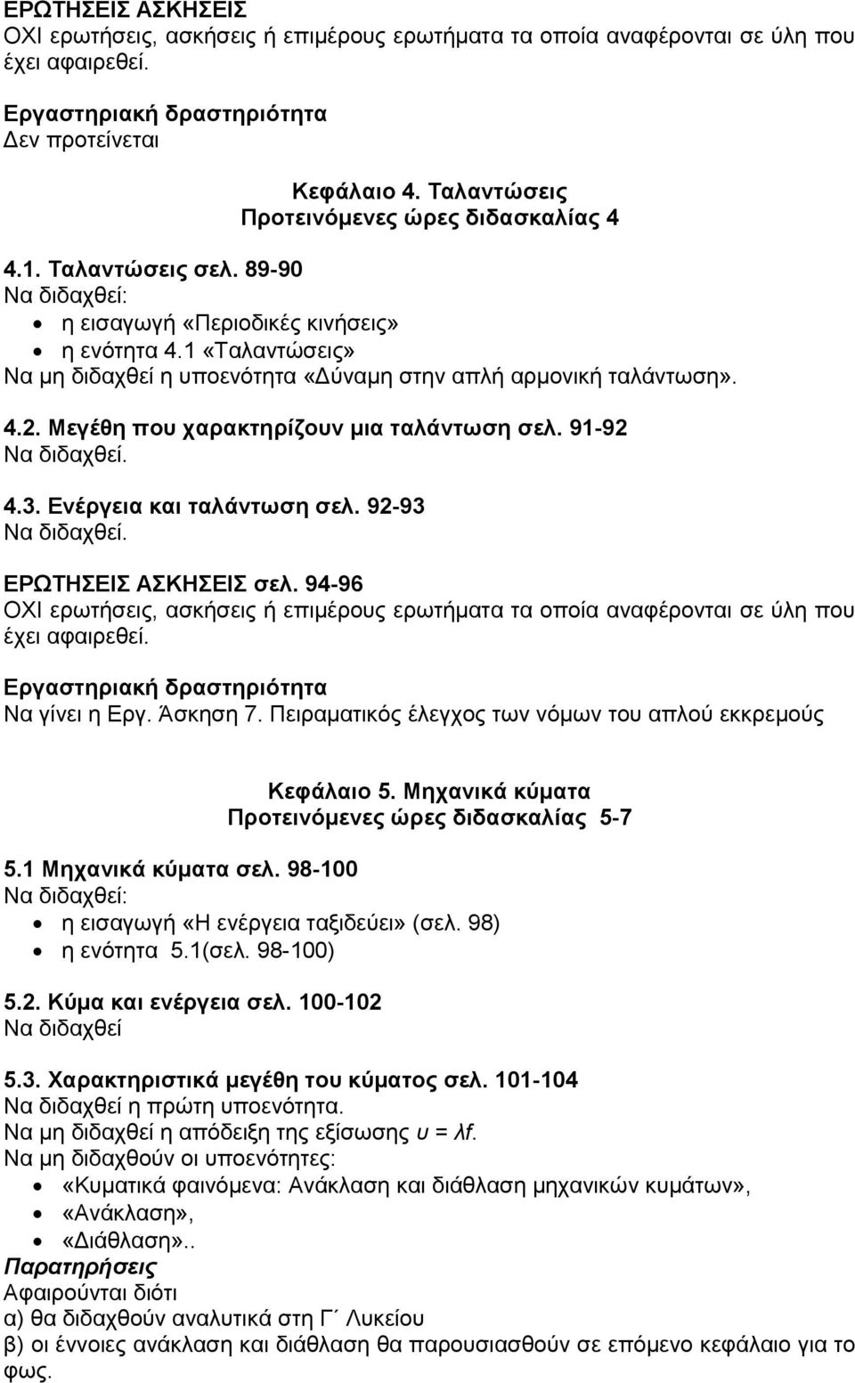 1 «Ταλαντώσεις» Να μη διδαχθεί η υποενότητα «Δύναμη στην απλή αρμονική ταλάντωση». 4.2. Μεγέθη που χαρακτηρίζουν μια ταλάντωση σελ. 91-92 Να διδαχθεί. 4.3. Ενέργεια και ταλάντωση σελ.