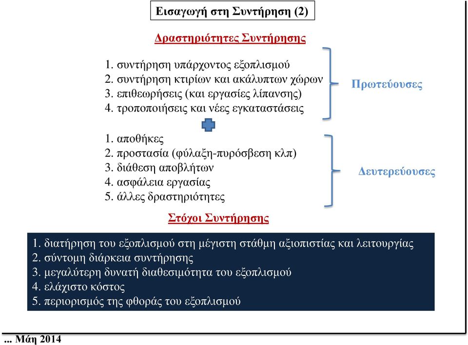 διάθεση αποβλήτων 4. ασφάλεια εργασίας 5. άλλες δραστηριότητες Στόχοι Συντήρησης Πρωτεύουσες Δευτερεύουσες 1.