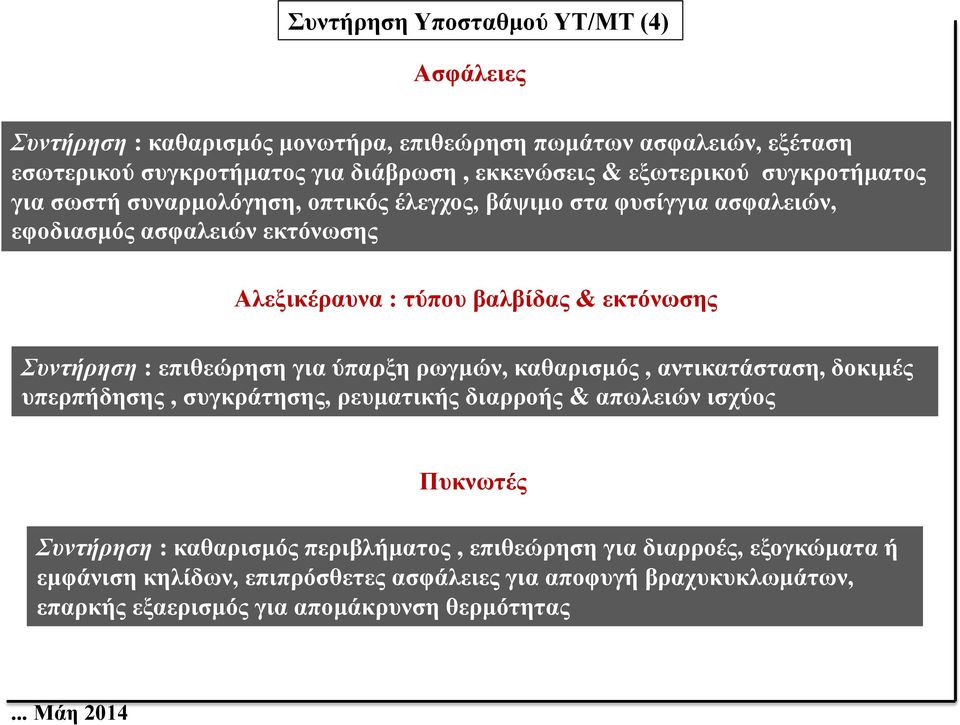 εκτόνωσης Συντήρηση : επιθεώρηση για ύπαρξη ρωγμών, καθαρισμός, αντικατάσταση, δοκιμές υπερπήδησης, συγκράτησης, ρευματικής διαρροής & απωλειών ισχύος Πυκνωτές