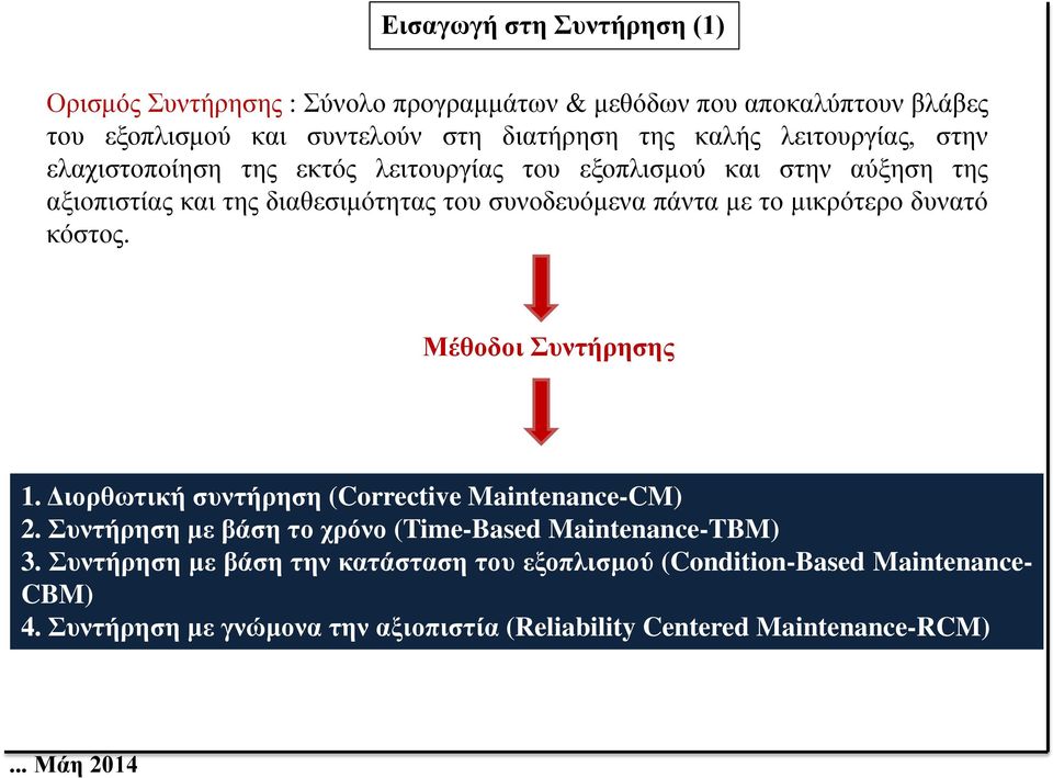 μικρότερο δυνατό κόστος. Μέθοδοι Συντήρησης 1. Διορθωτική συντήρηση (Corrective Maintenance-CM) 2. Συντήρηση με βάση το χρόνο (Time-Based Maintenance-TBM) 3.