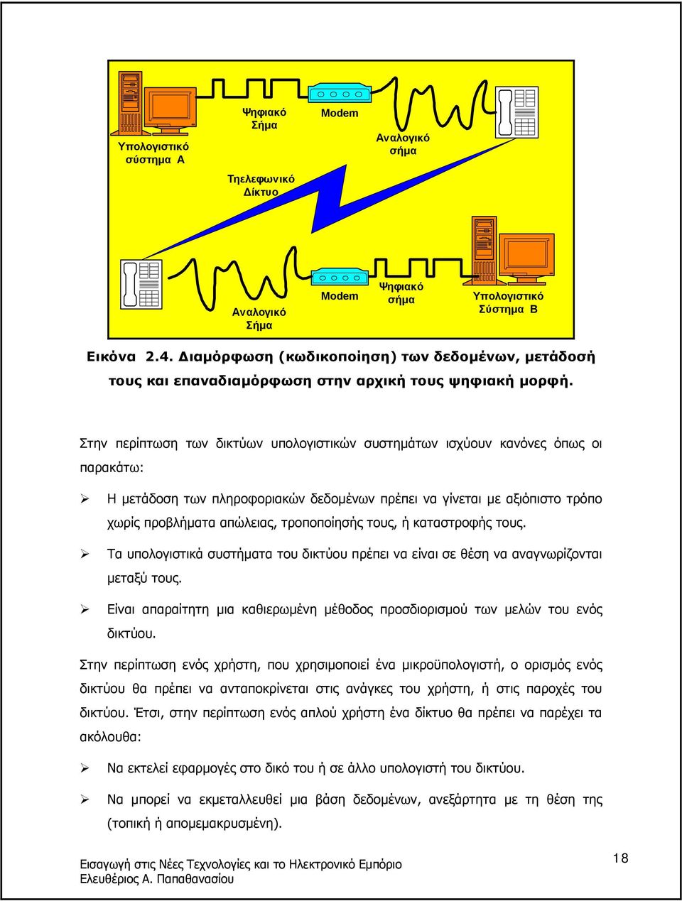 Στην περίπτωση των δικτύων υπολογιστικών συστηµάτων ισχύουν κανόνες όπως οι παρακάτω: Η µετάδοση των πληροφοριακών δεδοµένων πρέπει να γίνεται µε αξιόπιστο τρόπο χωρίς προβλήµατα απώλειας,