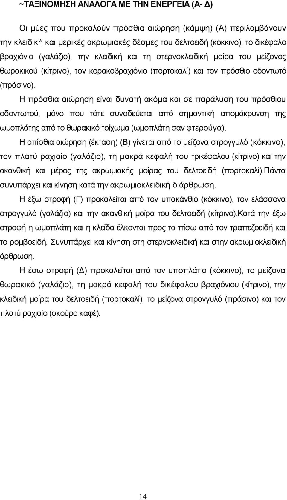 Η πρόσθια αιώρηση είναι δυνατή ακόµα και σε παράλυση του πρόσθιου οδοντωτού, µόνο που τότε συνοδεύεται από σηµαντική αποµάκρυνση της ωµοπλάτης από το θωρακικό τοίχωµα (ωµοπλάτη σαν φτερούγα).