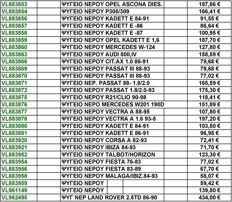 KADETT E 1,6 187,70 VL883860 ΨΥΓΕΙΟ ΝΕΡΟΥ MERCEDES W-124 127,80 VL883863 ΨΥΓΕΙΟ ΝΕΡΟΥ AUDI 80II,IV 158,59 VL883866 ΨΥΓΕΙΟ ΝΕΡΟΥ CIT.AX 1.