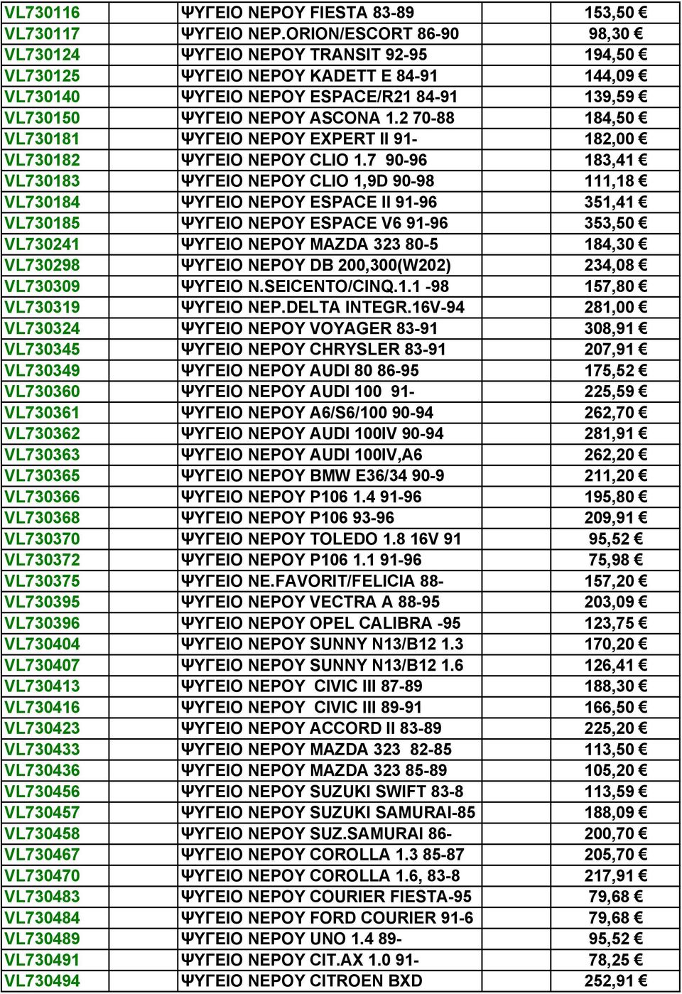 2 70-88 184,50 VL730181 ΨΥΓΕΙΟ ΝΕΡΟΥ EXPERT II 91-182,00 VL730182 ΨΥΓΕΙΟ ΝΕΡΟY CLIO 1.