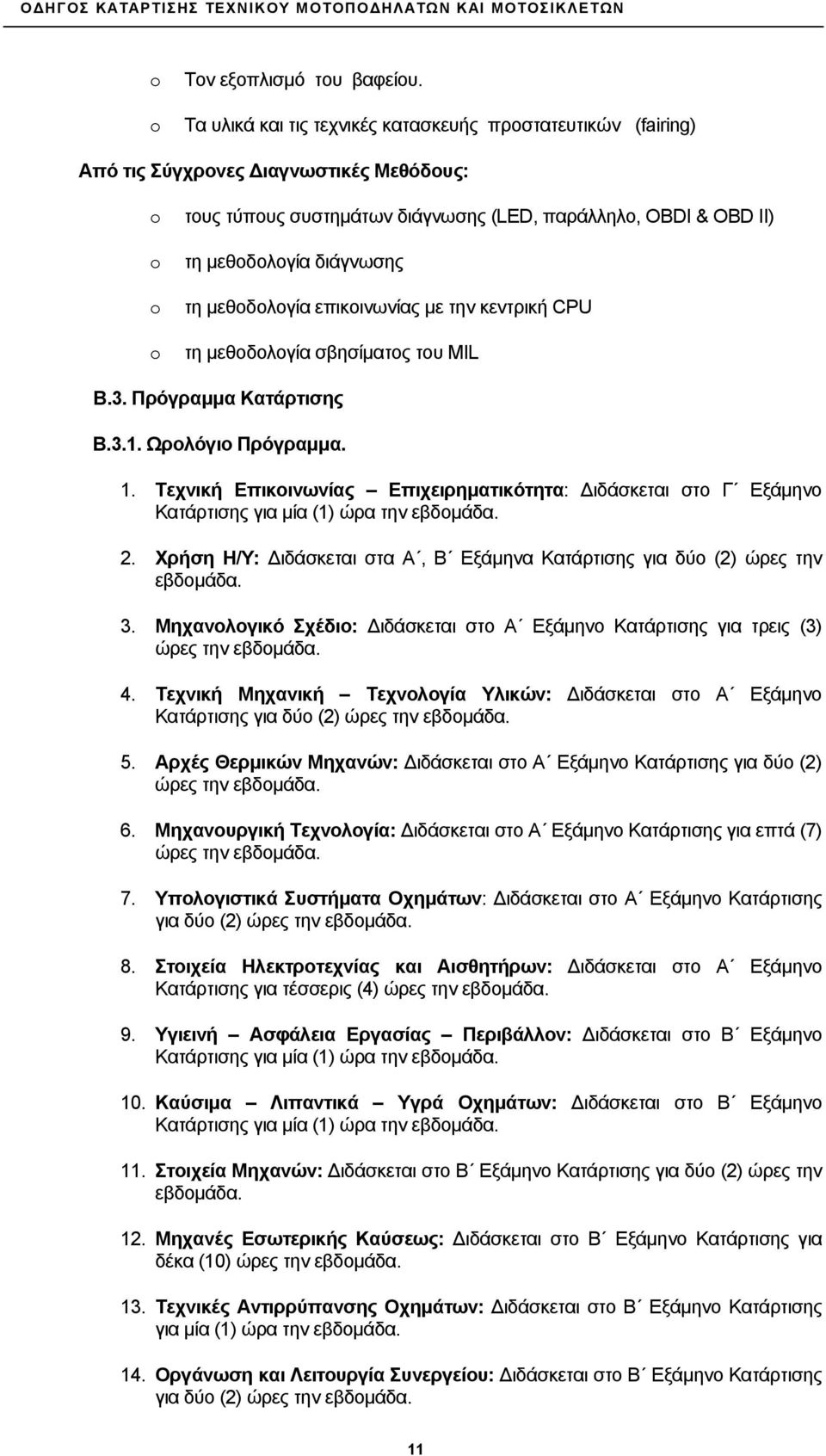 μεθοδολογία επικοινωνίας με την κεντρική CPU τη μεθοδολογία σβησίματος του MIL Β.3. Πρόγραμμα Κατάρτισης Β.3.1. Ωρολόγιο Πρόγραμμα. 1.
