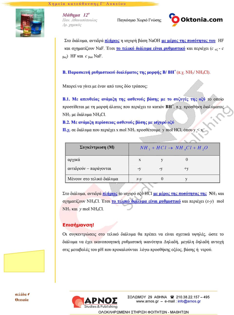 Με απευθείας ανάμιξη της ασθενούς βάσης με το συζυγές της οξύ το οποίο προστίθεται με τη μορφή άλατος που περιέχει το κατιόν ΒΗ+, π.χ. προσθήκη διαλύματος ΝΗ3 με διάλυμα NH4Cl. Β.2.