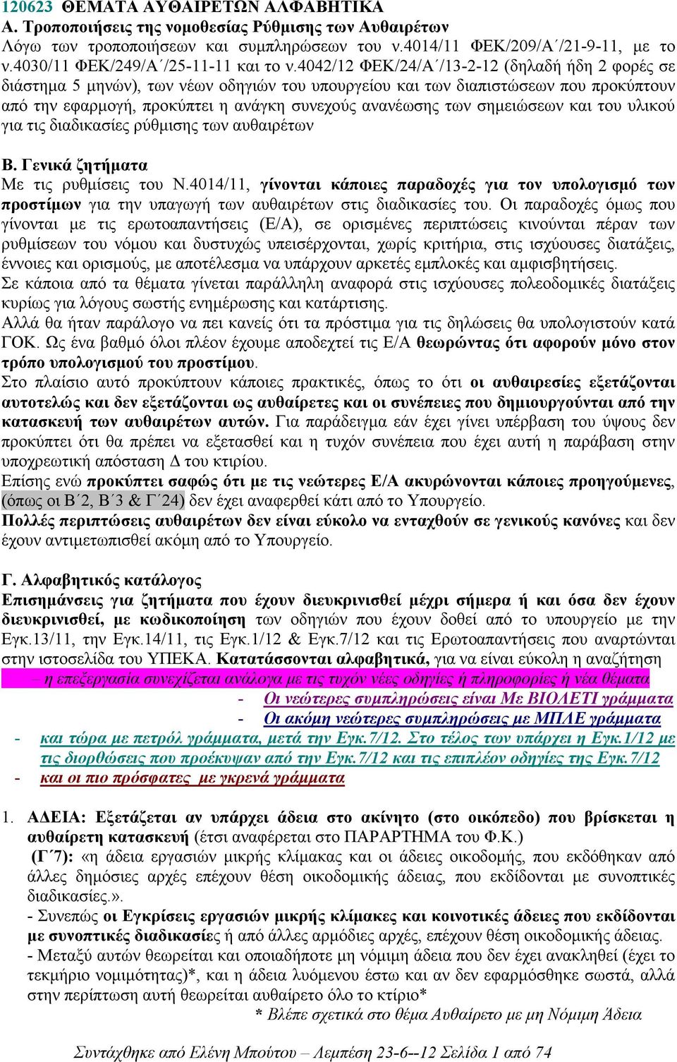 4042/12 ΦΕΚ/24/Α /13-2-12 (δηλαδή ήδη 2 φορές σε διάστηµα 5 µηνών), των νέων οδηγιών του υπουργείου και των διαπιστώσεων που προκύπτουν από την εφαρµογή, προκύπτει η ανάγκη συνεχούς ανανέωσης των