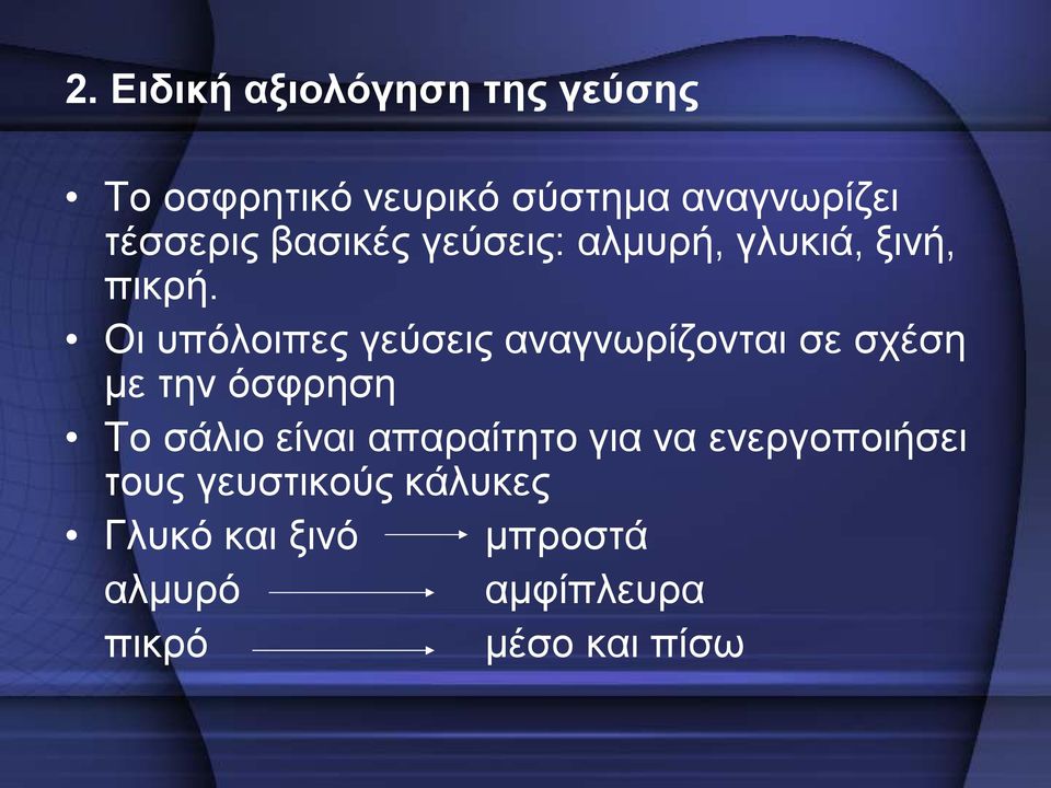 Οι υπόλοιπες γεύσεις αναγνωρίζονται σε σχέση με την όσφρηση Το σάλιο είναι