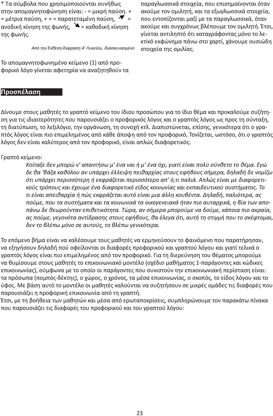 και συγχρόνως βλέπουμε τον ομιλητή. Έτσι, γίνεται αντιληπτό ότι καταγράφοντας μόνο το λεκτiκό εκφώνημα πάνω στο χαρτί, χάνουμε ουσιώδη στοιχεία της ομιλίας.